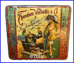 1880 Antique Theodoro Validais Cigarette Tin Box Trader & Oriental Beauty Girl