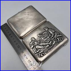 1952 Vintage USSR Cigarette Case Tobacco Box Engraved Silver Plated Hunters