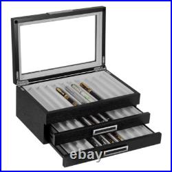 30 Piece Personalized Black Ebony Wood Three Level Fountain Pen Display Case Box