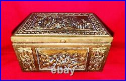 Antique Cigarette Box Copper Brass and Wood Colonial Theme Horses
