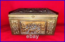 Antique Cigarette Box Copper Brass and Wood Colonial Theme Horses