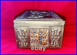 Antique Cigarette Box Copper Brass and Wood Colonial Theme Horses