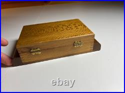 Antique Vintage Art Deco Playing Card Box Case Ornate QUILTED MAPLE Wood Wooden