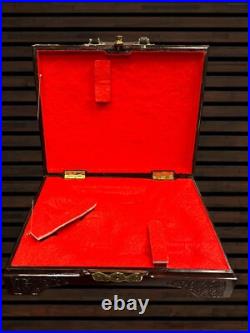 Custom Handmade Cocobolo wood pistol storage box with Hand inscribed brass inlay