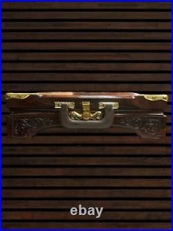 Custom Handmade Cocobolo wood pistol storage box with Hand inscribed brass inlay