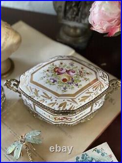 French Ormolu Jewelry Case LG Rose Gold Decor Porcelain Made In France ANTIQUE