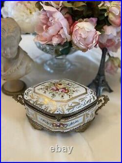 French Ormolu Jewelry Case LG Rose Gold Decor Porcelain Made In France ANTIQUE