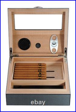 Quality 50+ Count Cigar Humidor Box Cabinet Carbon Fiber Humidifier Hygrometer