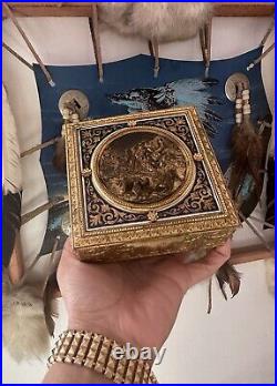 Rare Antique Ovington french Gilt Bronze & Blue Enamel Jewelry Casket Box Case
