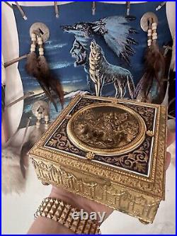 Rare Antique Ovington french Gilt Bronze & Blue Enamel Jewelry Casket Box Case