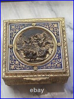 Rare Antique Ovington french Gilt Bronze & Blue Enamel Jewelry Casket Box Case