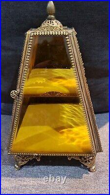 Vintage Gold Tone Ormolu Filagree Beveled Glass Footed Jewel Display Case Box