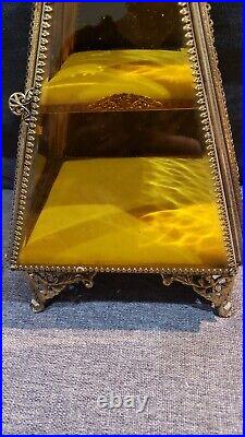 Vintage Gold Tone Ormolu Filagree Beveled Glass Footed Jewel Display Case Box