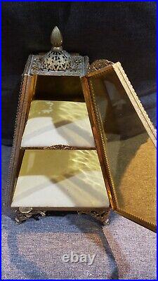 Vintage Gold Tone Ormolu Filagree Beveled Glass Footed Jewel Display Case Box