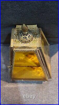 Vintage Gold Tone Ormolu Filagree Beveled Glass Footed Jewel Display Case Box