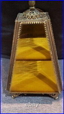 Vintage Gold Tone Ormolu Filagree Beveled Glass Footed Jewel Display Case Box