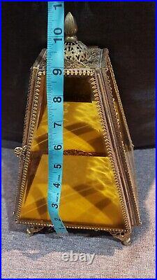 Vintage Gold Tone Ormolu Filagree Beveled Glass Footed Jewel Display Case Box