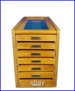 Wood Glass Display Case Cabinet Pen Knife Coin 7 Drawer Storage Collection